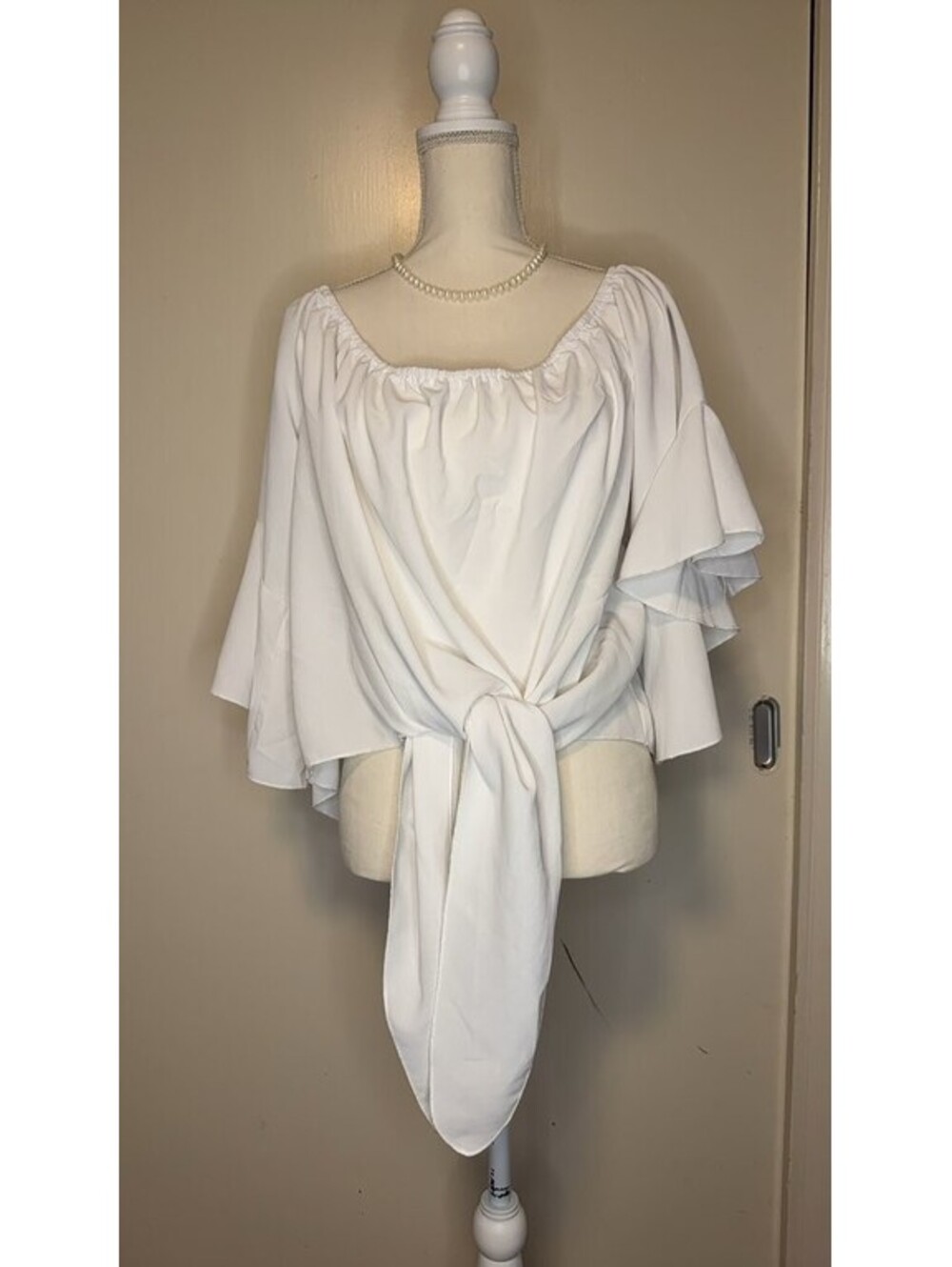 Shein Curve White Off-Shoulder Blouse with Tie Front